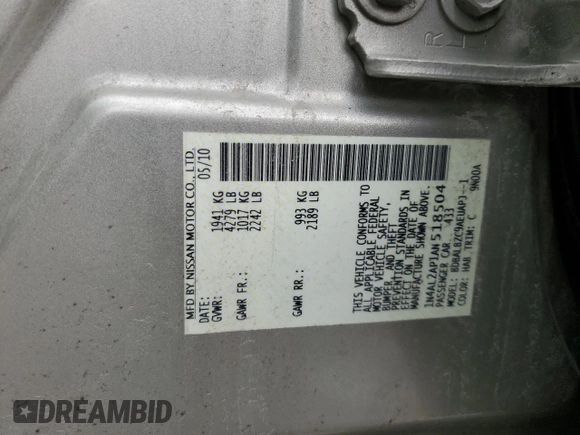 2010 Nissan Altima 2.5 S with VIN 1N4AL2AP1AN518504, listed as a Copart auction lot 51413635 with 0 mi miles and Salvage Title. Bid and sale history available at carsss.com. Image 12.