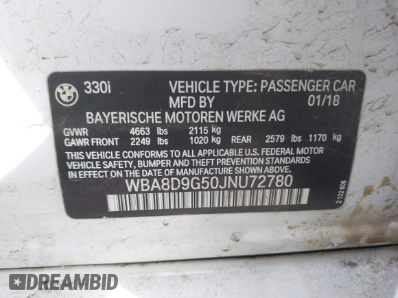 2018 BMW 3 Series 330i xDrive with VIN WBA8D9G50JNU72780, listed as a IAAI auction lot 41763726 with 65,225 mi miles and . Bid and sale history available at DreamBid. Image 9.