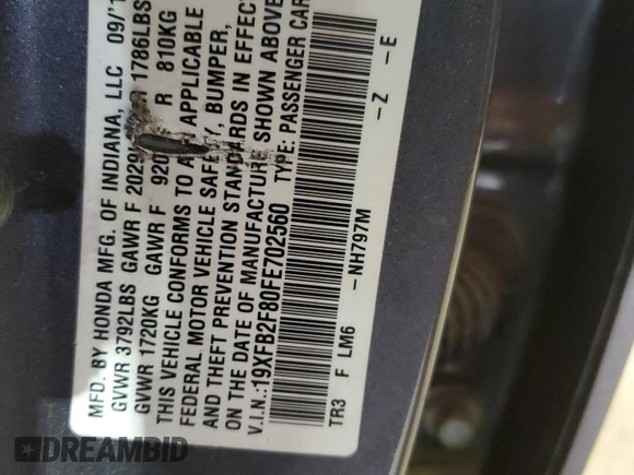 2015 Honda Civic EX with VIN 19XFB2F80FE702560, listed as a Copart auction lot 54255285 with 113,131 mi miles and Salvage Title. Bid and sale history available at DreamBid. Image 12.