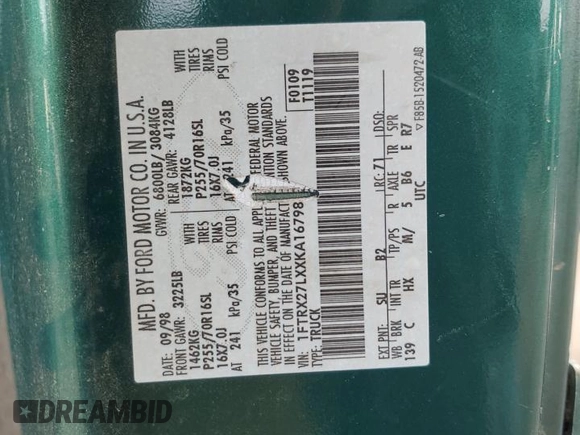 1999 Ford F-250 z VIN 1FTRX27LXXKA16798, wystawiony jako Copart lot #45242115 z przebiegiem Nie podano mil oraz Szkoda całkowita • Salvage title. Historia ofert i sprzedaży dostępna na DreamBid. Obrazek 14.
