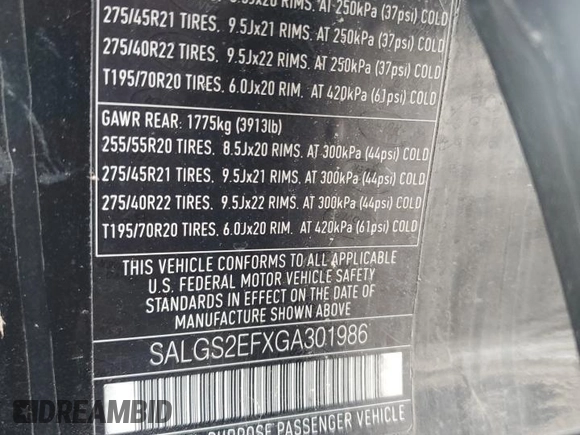 2016 Land Rover Range Rover Supercharged с VIN SALGS2EFXGA301986, выставлен на аукционе Copart как лот 46297765 с пробегом 81 247 миль миль и Чистый • Clean title. История ставок и продаж доступна на DreamBid. Изображение 13.