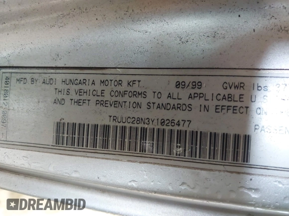 2000 Audi TT z VIN TRUUC28N3Y1026477, wystawiony jako IAAI lot #42367016 z przebiegiem 136 182 mil mil oraz . Historia ofert i sprzedaży dostępna na DreamBid. Obrazek 9.
