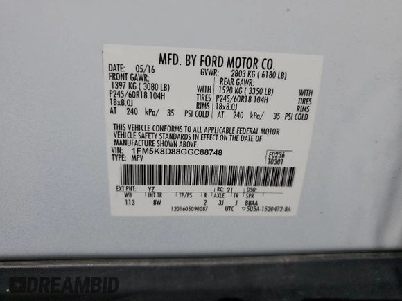 2016 Ford Explorer XLT with VIN 1FM5K8D88GGC88748, listed as a Copart auction lot 70815564 with 133,304 mi miles and Salvage Title. Bid and sale history available at DreamBid. Image 13.