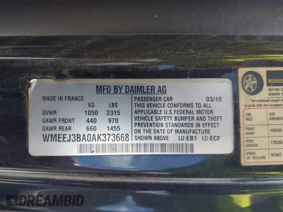 2010 Smart fortwo Pure with VIN WMEEJ3BA0AK373668, listed as a IAAI auction lot 42675428 with 139,616 mi miles and . Bid and sale history available at DreamBid. Image 9.