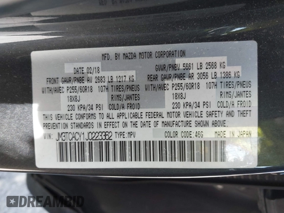 2018 Mazda CX-9 Touring with VIN JM3TCACY1J0223362, listed as a IAAI auction lot 41852200 with 94,595 mi miles. Bid and sale history available at carsss.com. Image 9.