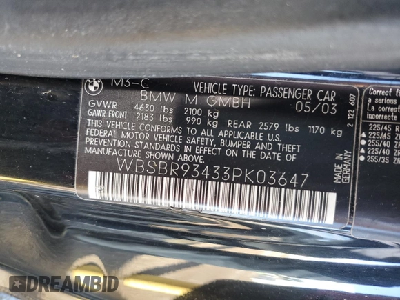 2003 BMW 3 Series M3 with VIN WBSBR93433PK03647, listed as a Copart auction lot 74346814 with 204,620 mi miles and Salvage Title. Bid and sale history available at carsss.com. Image 12.
