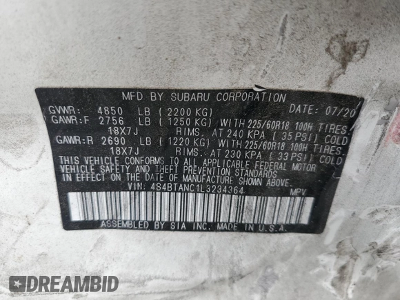 2020 Subaru Outback Limited z VIN 4S4BTANC1L3234364, wystawiony jako Copart lot #55946825 z przebiegiem 69 671 mil mil oraz Szkoda całkowita • Salvage title. Historia ofert i sprzedaży dostępna na DreamBid. Obrazek 12.