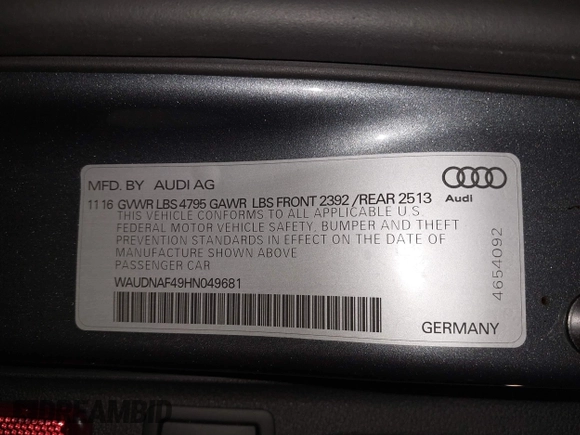 2017 Audi A4 Season of Audi Premium with VIN WAUDNAF49HN049681, listed as a IAAI auction lot 41561648 with 89,850 mi miles. Bid and sale history available at carsss.com. Image 9.