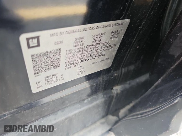 2020 Chevrolet Equinox LT with VIN 2GNAXJEVXL6233574, listed as a IAAI auction lot 42573162 with 58,591 mi miles and . Bid and sale history available at DreamBid. Image 12.