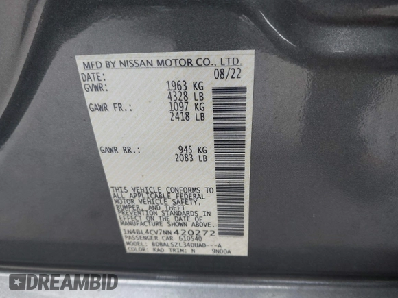 2022 Nissan Altima SR z VIN 1N4BL4CV7NN420272, wystawiony jako IAAI lot #41445103 z przebiegiem 48 685 mil mil oraz . Historia ofert i sprzedaży dostępna na DreamBid. Obrazek 9.