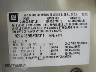 2003 Buick Rendezvous CXL with VIN 3G5DA03E63S505311, listed as a Copart auction lot 52007325 with 171,068 mi miles and Clean Title. Bid and sale history available at DreamBid. Image 12.