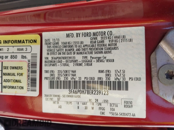 2014 Ford Fusion SE with VIN 3FA6P0H78ER239123, listed as a IAAI auction lot 42202797 with 167,086 mi miles and . Bid and sale history available at DreamBid. Image 9.