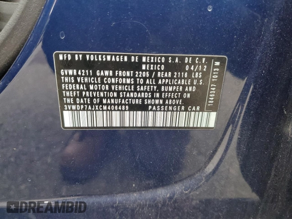 2012 Volkswagen Jetta SE с VIN 3VWDP7AJXCM406489, выставлен на аукционе Copart как лот 57724875 с пробегом 152 892 миль миль и Списание • Salvage title. История ставок и продаж доступна на DreamBid. Изображение 12.