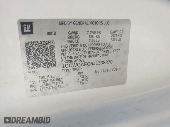 2018 Chevrolet Express Cargo Van with VIN 1GCWGAFG6J1338370, listed as a IAAI auction lot 40543708 with 1 mi miles. Bid and sale history available at carsss.com. Image 9.