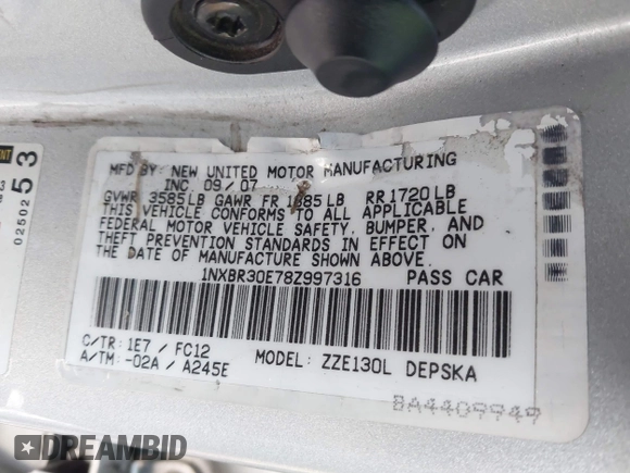 2008 Toyota Corolla CE with VIN 1NXBR30E78Z997316, listed as a IAAI auction lot 41905474 with Not Provided miles and . Bid and sale history available at DreamBid. Image 9.