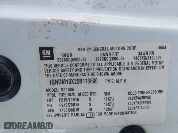 2005 Chevrolet Astro with VIN 1GNDM19X25B113690, listed as a IAAI auction lot 41758764 with Not Provided miles. Bid and sale history available at carsss.com. Image 9.
