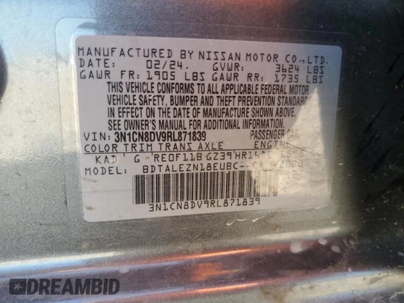 2024 Nissan Versa S with VIN 3N1CN8DV9RL871839, listed as a Copart auction lot 54239005 with 29,470 mi miles and Salvage title. Bid and sale history available at DreamBid. Image 12.