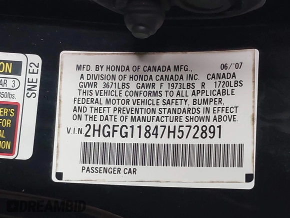 2007 Honda Civic Cpe EX with VIN 2HGFG11847H572891, listed as a IAAI auction lot 41791769 with 179,559 mi miles. Bid and sale history available at carsss.com. Image 9.