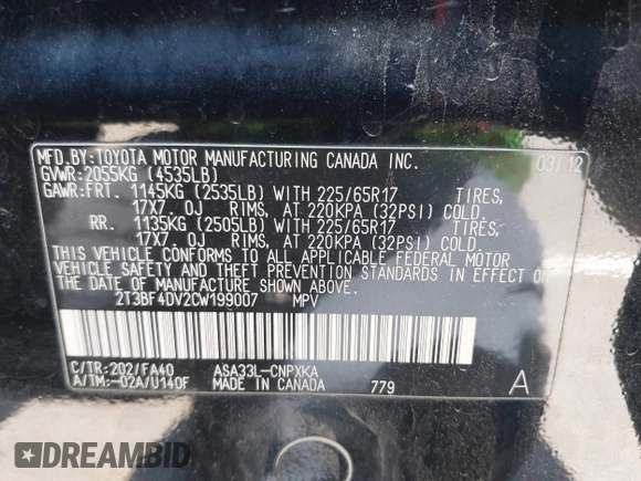 2012 Toyota RAV4 with VIN 2T3BF4DV2CW199007, listed as a IAAI auction lot 42506336 with 214,968 mi miles and . Bid and sale history available at DreamBid. Image 9.