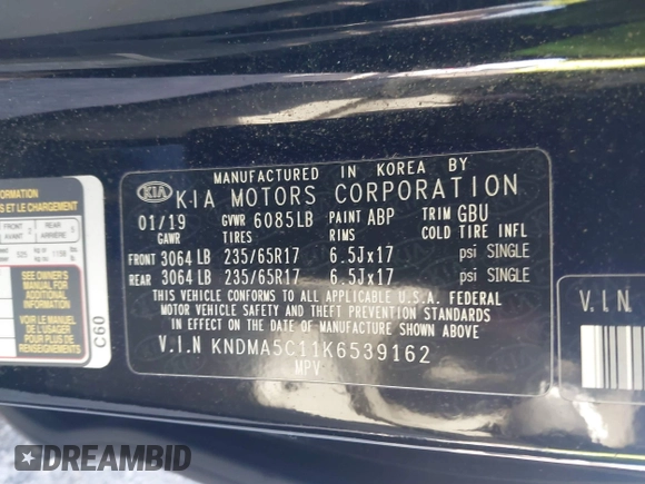 2019 Kia Sedona L with VIN KNDMA5C11K6539162, listed as a IAAI auction lot 41150477 with 76,847 mi miles. Bid and sale history available at carsss.com. Image 9.