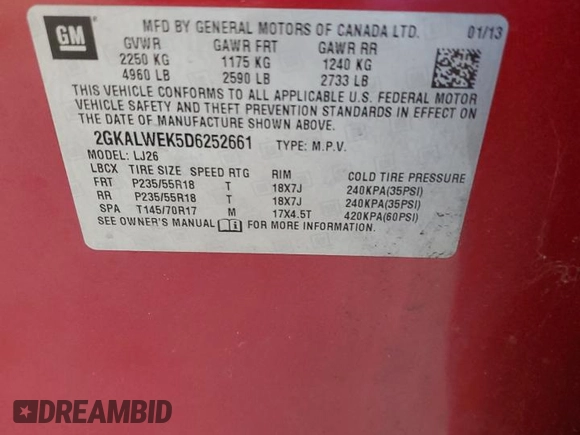 2013 GMC Terrain SLT with VIN 2GKALWEK5D6252661, listed as a Copart auction lot 51988835 with 139,549 mi miles and Salvage title. Bid and sale history available at DreamBid. Image 13.
