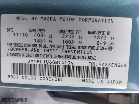 2011 Mazda Mazda3 s Sport with VIN JM1BL1U68B1419411, listed as a IAAI auction lot 41798083 with 105,314 mi miles. Bid and sale history available at carsss.com. Image 9.