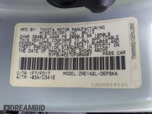 2013 Toyota Corolla L with VIN 5YFBU4EE7DP209207, listed as a IAAI auction lot 41990086 with 168,269 mi miles. Bid and sale history available at carsss.com. Image 9.