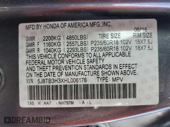 2017 Acura RDX with VIN 5J8TB3H3XHL006178, listed as a Copart auction lot 50038665 with 62,452 mi miles and Salvage Title. Bid and sale history available at carsss.com. Image 13.