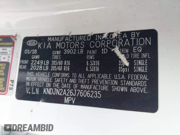 2018 Kia Soul with VIN KNDJN2A26J7606235, listed as a IAAI auction lot 41924175 with 123,837 mi miles and . Bid and sale history available at DreamBid. Image 9.