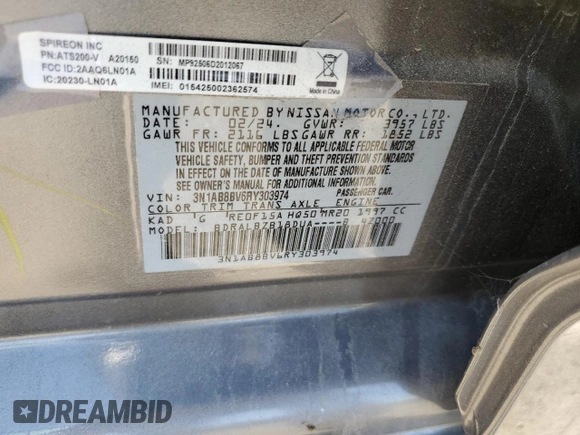 2024 Nissan Sentra S with VIN 3N1AB8BV6RY303974, listed as a Copart auction lot 59306595 with 18,283 mi miles and Clean title. Bid and sale history available at DreamBid. Image 12.