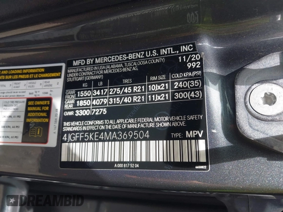 2021 Mercedes-Benz GLS 450 with VIN 4JGFF5KE4MA369504, listed as a IAAI auction lot 39590170 with 101,863 mi miles and . Bid and sale history available at DreamBid. Image 9.