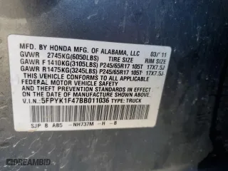 2011 Honda Ridgeline RTS with VIN 5FPYK1F47BB011036, listed as a Copart auction lot 77704604 with 0 mi miles and Salvage Title. Bid and sale history available at carsss.com. Image 12.