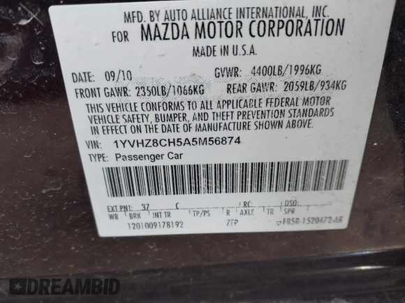 2010 Mazda 6 i Grand Touring with VIN 1YVHZ8CH5A5M56874, listed as a IAAI auction lot 41787317 with 207,651 mi miles and . Bid and sale history available at DreamBid. Image 9.