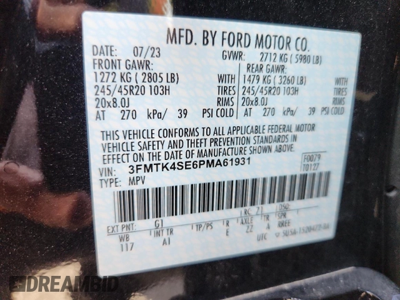 2023 Ford Mustang Mach-E GT z VIN 3FMTK4SE6PMA61931, wystawiony jako Copart lot #62026605 z przebiegiem 15 265 mil mil oraz Szkoda całkowita • Salvage title. Historia ofert i sprzedaży dostępna na DreamBid. Obrazek 13.