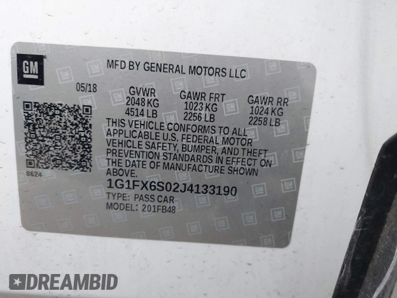 2018 Chevrolet Bolt EV Premier with VIN 1G1FX6S02J4133190, listed as a IAAI auction lot 41363945 with 57,228 mi miles. Bid and sale history available at carsss.com. Image 9.