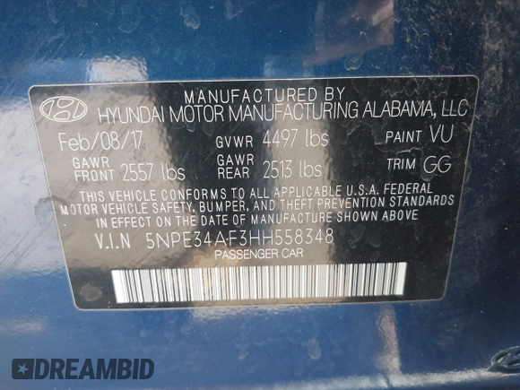 2017 Hyundai Sonata Sport with VIN 5NPE34AF3HH558348, listed as a IAAI auction lot 41723289 with 99,829 mi miles and . Bid and sale history available at DreamBid. Image 9.