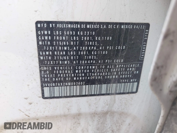 2022 Volkswagen Tiguan S z VIN 3VV0B7AX2NM097402, wystawiony jako IAAI lot #41845707 z przebiegiem 38 668 mil mil oraz . Historia ofert i sprzedaży dostępna na DreamBid. Obrazek 9.