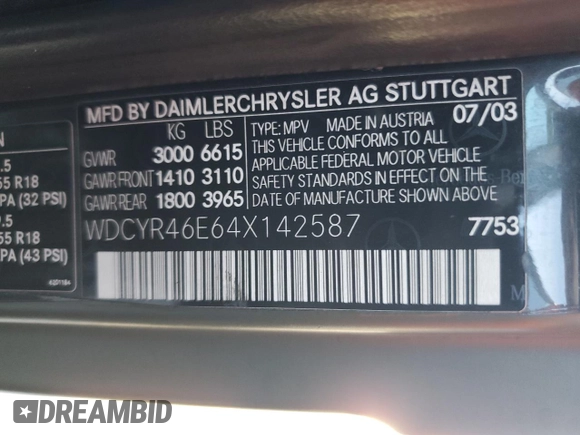 2004 Mercedes-Benz G with VIN WDCYR46E64X142587, listed as a Copart auction lot 50616945 with 142,891 mi miles and Clean Title. Bid and sale history available at DreamBid. Image 13.