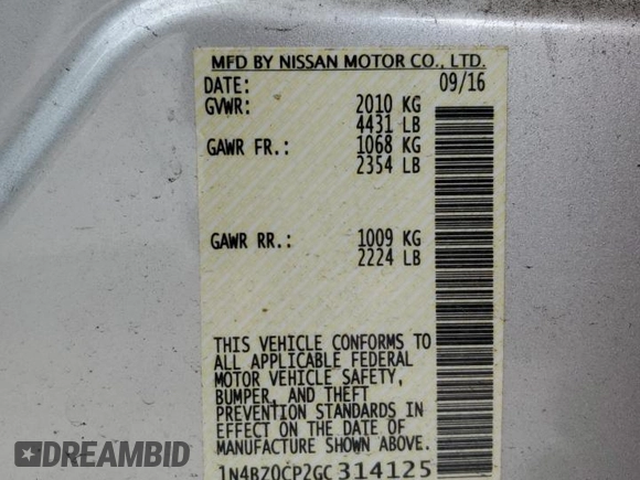 2016 Nissan LEAF S with VIN 1N4BZ0CP2GC314125, listed as a Copart auction lot 81280444 with 47,575 mi miles and Salvage Title. Bid and sale history available at carsss.com. Image 12.