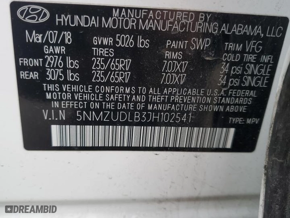 2018 Hyundai Santa Fe Sport 2.4L with VIN 5NMZUDLB3JH102541, listed as a Copart auction lot 48369705 with NaN miles and Salvage Title. Bid and sale history available at carsss.com. Image 14.