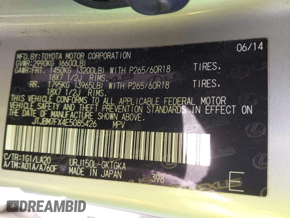 2014 Lexus GX 460 z VIN JTJBM7FX4E5085426, wystawiony jako IAAI lot #42165540 z przebiegiem 98 786 mil mil oraz . Historia ofert i sprzedaży dostępna na DreamBid. Obrazek 9.