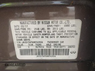 2017 Infiniti Q50 Premium with VIN JN1EV7AP6HM742504, listed as a IAAI auction lot 42625916 with 56,913 mi miles and . Bid and sale history available at DreamBid. Image 9.