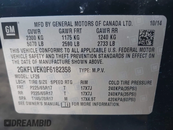 2015 GMC Terrain SLE with VIN 2GKFLVEK0F6182358, listed as a IAAI auction lot 41789908 with 172,737 mi miles and . Bid and sale history available at DreamBid. Image 9.