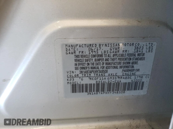 2017 Nissan Sentra SV with VIN 3N1AB7APXHY348508, listed as a Copart auction lot 48877575 with 161,828 mi miles and Salvage Title. Bid and sale history available at carsss.com. Image 14.
