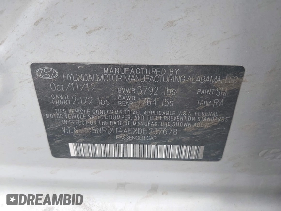 2013 Hyundai Elantra GLS with VIN 5NPDH4AEXDH237678, listed as a IAAI auction lot 42053910 with 157,328 mi miles and . Bid and sale history available at DreamBid. Image 9.