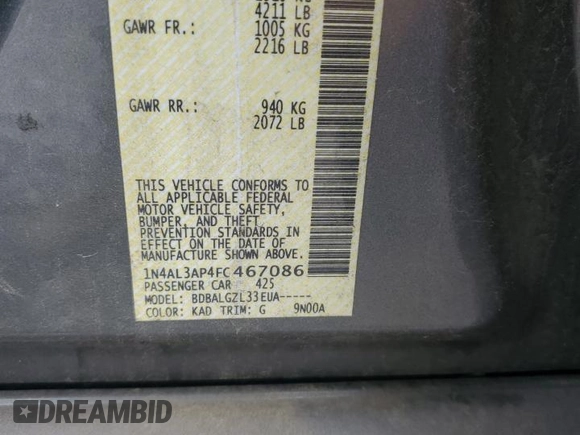 2015 Nissan Altima 2.5 with VIN 1N4AL3AP4FC467086, listed as a Copart auction lot 59797955 with 128,157 mi miles and Salvage title. Bid and sale history available at DreamBid. Image 12.