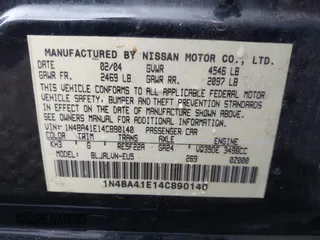 2004 Nissan Maxima SL with VIN 1N4BA41E14C890140, listed as a IAAI auction lot 41018281 with 218,229 mi miles and . Bid and sale history available at DreamBid. Image 9.