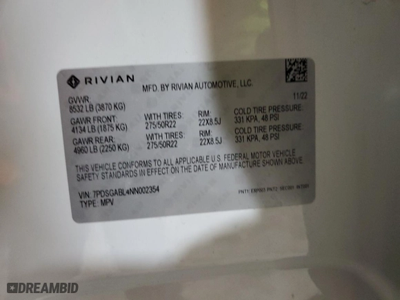 2022 Rivian R1S Launch Edition with VIN 7PDSGABL4NN002354, listed as a Copart auction lot 51320655 with 0 mi miles and Salvage Title. Bid and sale history available at carsss.com. Image 13.