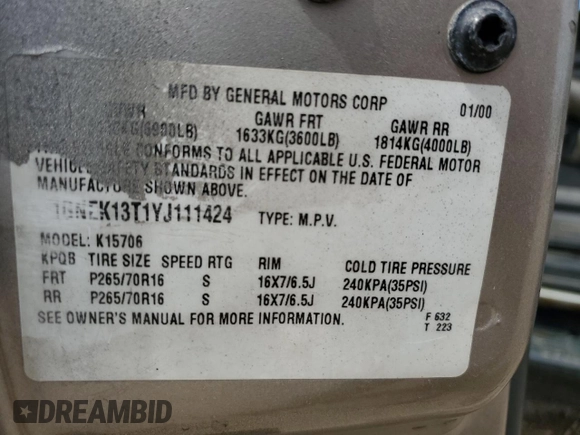 2000 Chevrolet Tahoe LT with VIN 1GNEK13T1YJ111424, listed as a Copart auction lot 58377725 with 234,034 mi miles and Salvage title. Bid and sale history available at DreamBid. Image 13.