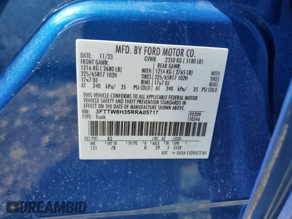 2024 Ford Maverick XLT with VIN 3FTTW8H35RRA05717, listed as a Copart auction lot 51976475 with 15,647 mi miles and Salvage Title. Bid and sale history available at DreamBid. Image 12.